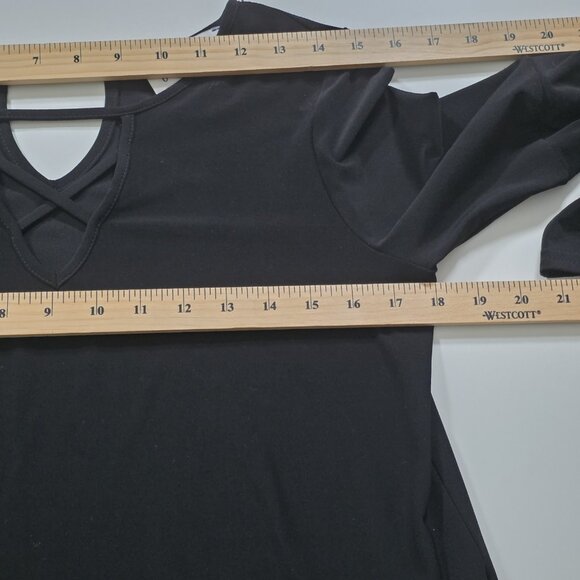 Joseph Ribkoff Top Womens 6 Black V Neck 3/4 Tiered Sleeve High Low Hem Witchy - Picture 4 of 15